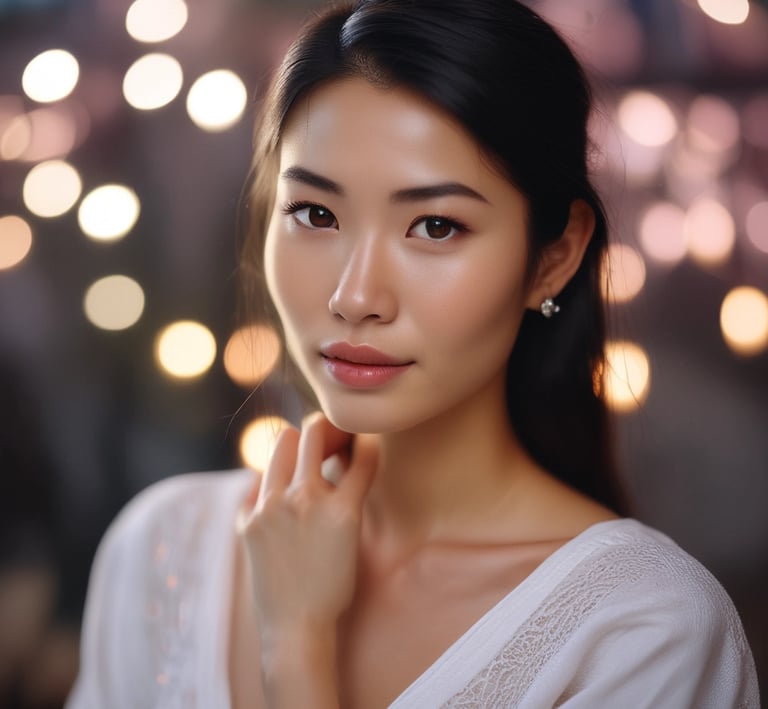 Hands holding a compact mirror reflecting a glowing, natural makeup look.