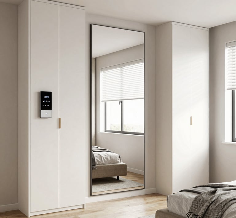 A bedroom showcasing a smart bed frame with under-bed lighting and app-controlled firmness.