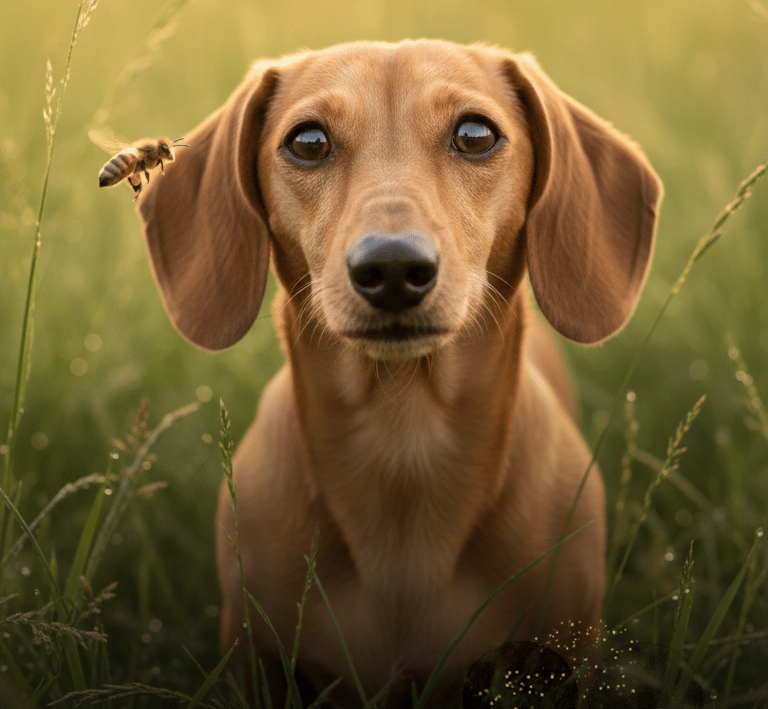 Perrita salchicha color canela observando una abeja en el campo, símbolo del ritual de las abejas en Outlander
