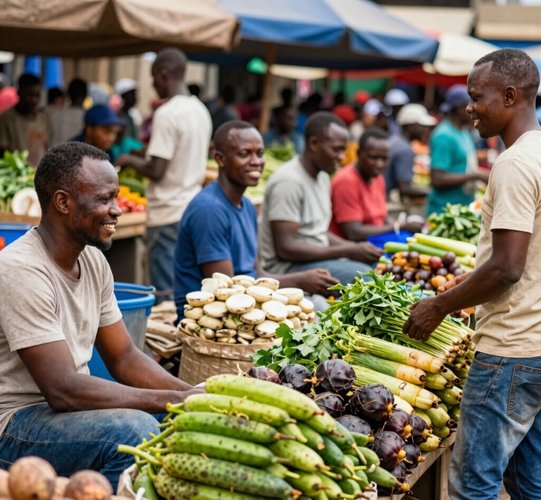 Farmers in Kinshasa markets proudly displaying fresh produce from local fields.
