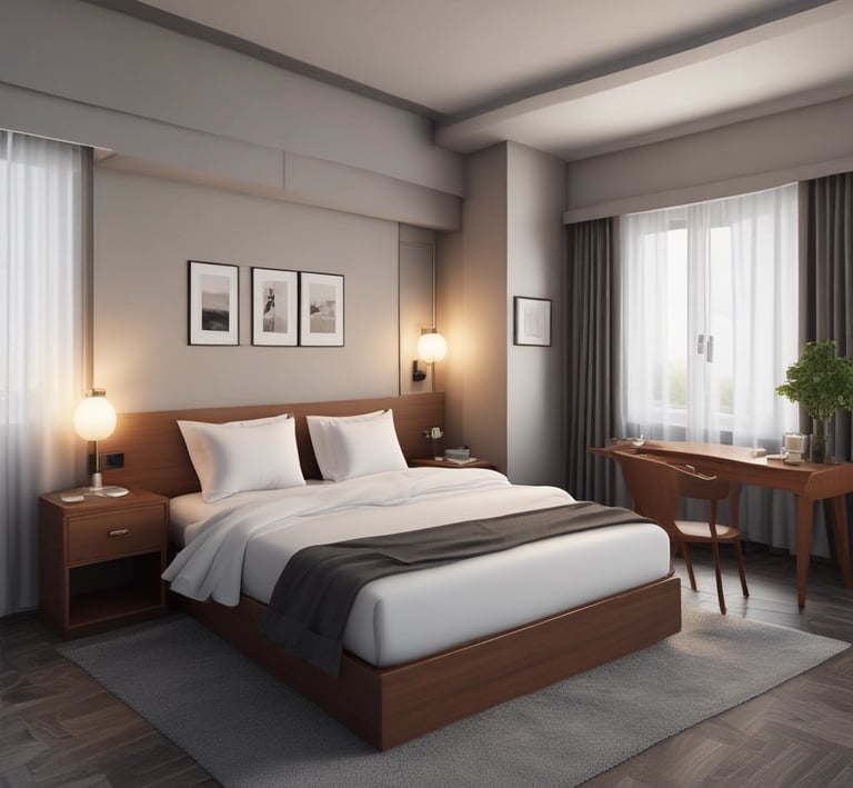 A cozy, sunlit hotel room with modern decor and a large window overlooking a bustling cityscape.