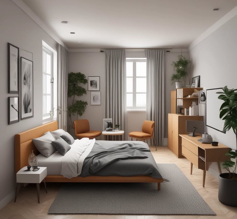 A cozy, sunlit hotel room with modern decor and a large window overlooking a bustling cityscape.