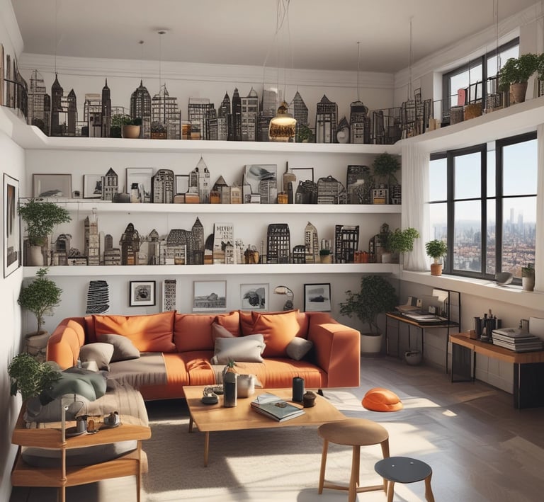 A cozy, sunlit hotel room with modern decor and a large window overlooking a bustling cityscape.