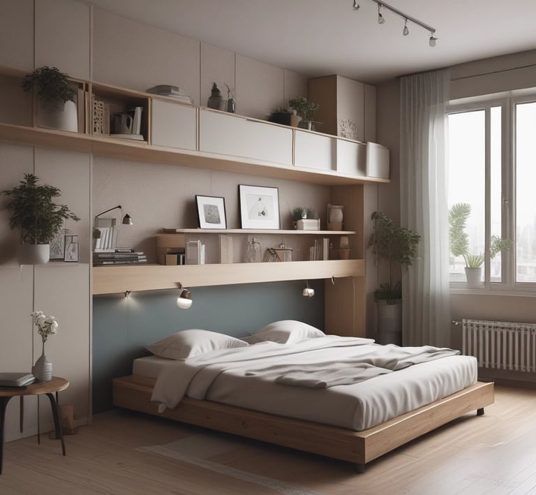 A cozy, sunlit hotel room with modern decor and a large window overlooking a bustling cityscape.