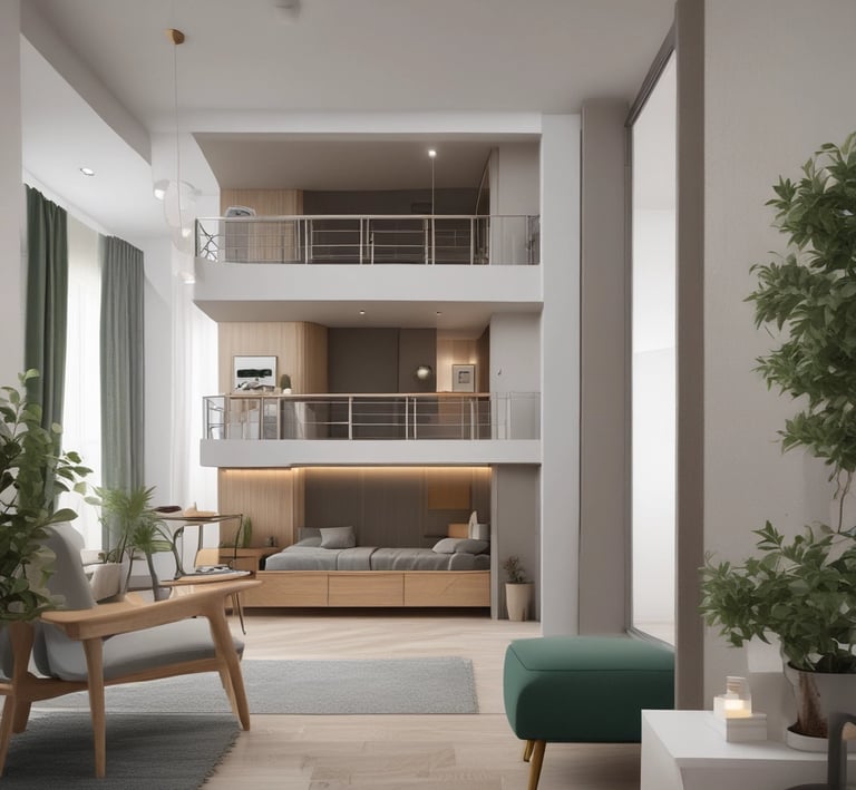 A cozy, sunlit hotel room with modern decor and a large window overlooking a bustling cityscape.