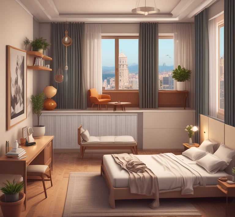 A cozy, sunlit hotel room with modern decor and a large window overlooking a bustling cityscape.