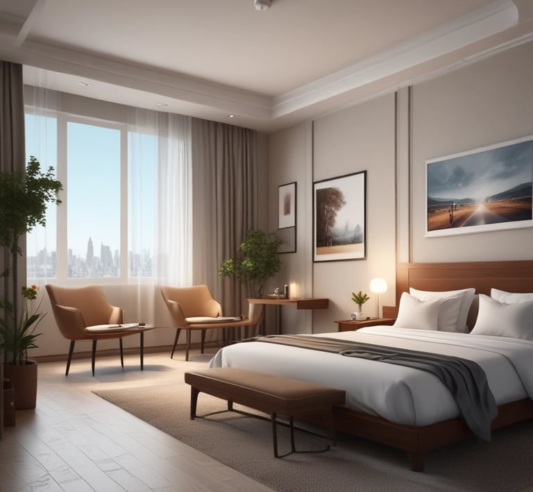 A cozy, sunlit hotel room with modern decor and a large window overlooking a bustling cityscape.