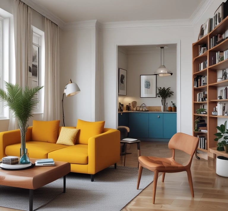 A cozy, sunlit hotel room with modern decor and a large window overlooking a bustling cityscape.