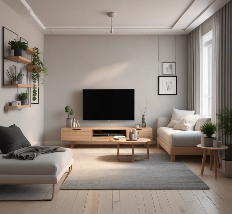 A cozy, sunlit hotel room with modern decor and a large window overlooking a bustling cityscape.