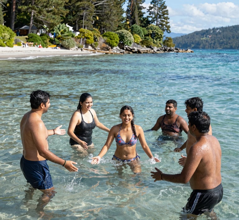 Sunset view of travelers standing on a cliff, arms raised in celebration.