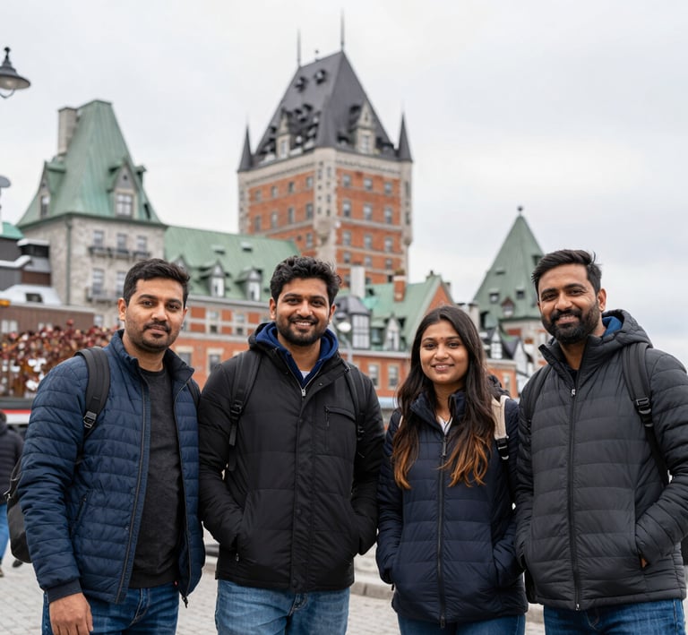 Smiling travelers helping each other with backpacks on a scenic mountain trail.