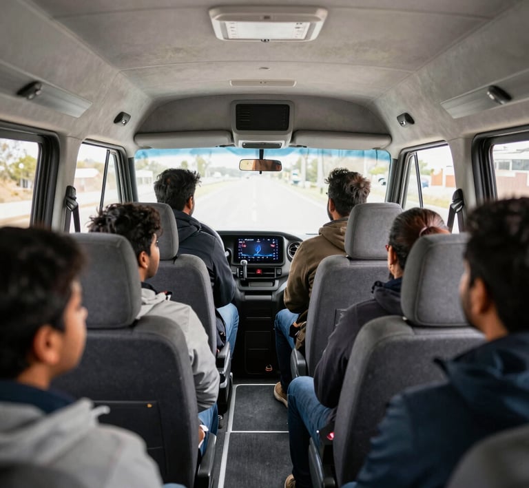 A diverse group laughing over coffee at a cozy local café during their trip.