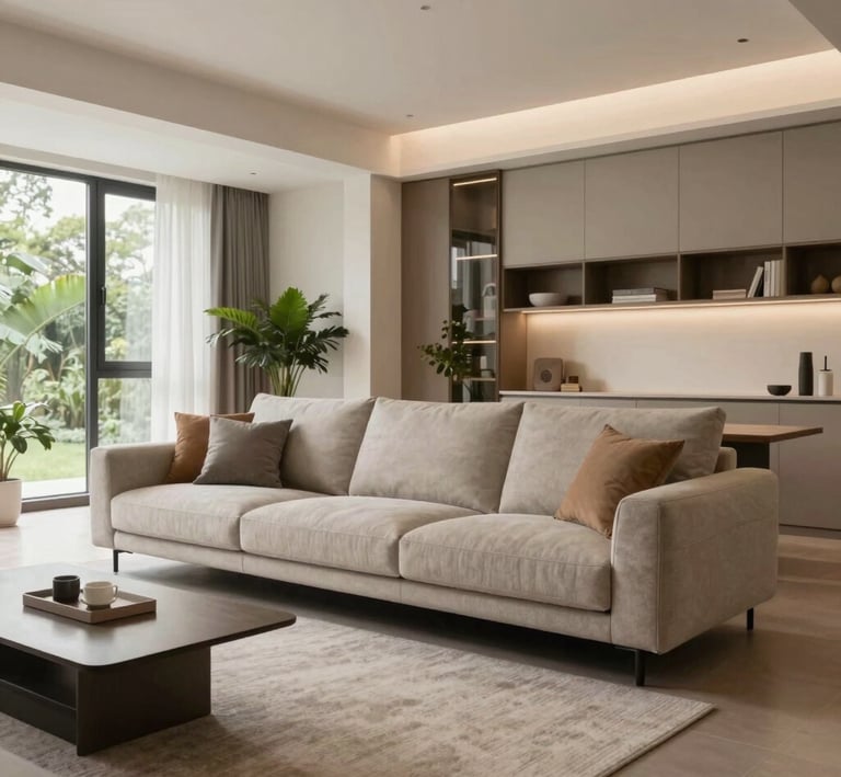 Soft morning light gently illuminating a serene, well-kept garden surrounding a modern, elegant home.