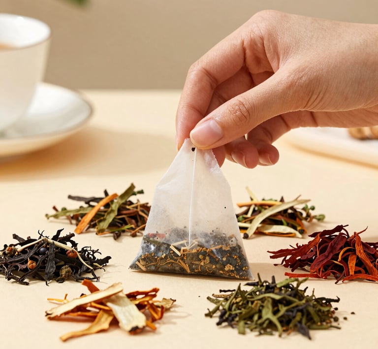 Elegant flat lay of ōmme hot pyramid tea bags with shatavari and rooibos leaves on a creamy off-white linen cloth