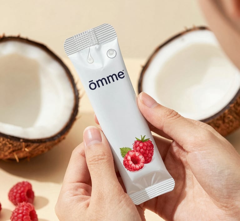 Softly lit close-up of a mother gently holding a sachet of ōmme coconut-raspberry lactation drink, surrounded by fresh raspberries and coconut halves.