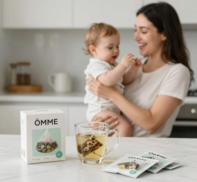 Warm, serene photo of a mother enjoying a cup of ōmme black tea lactation blend by a sunlit window.
