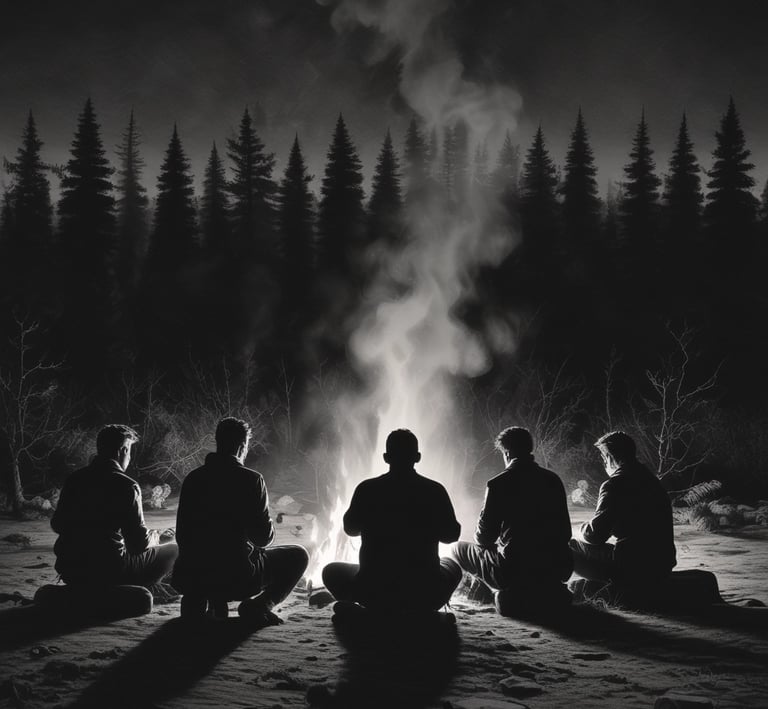 Galen and his allies gathered around a campfire under a starry sky, sharing stories and preparing for the next leg of their quest.