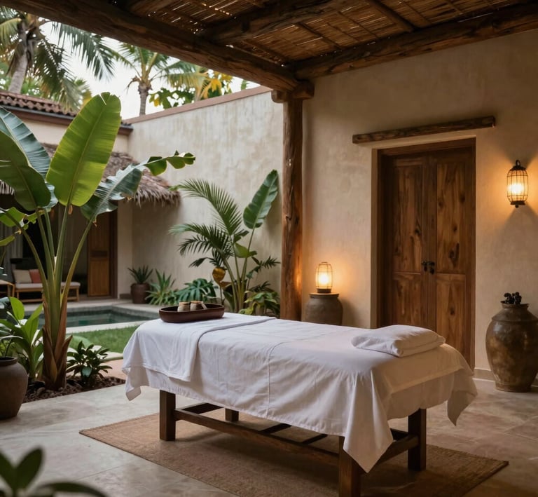 A serene aerial view of a luxurious African villa surrounded by lush greenery at sunset.