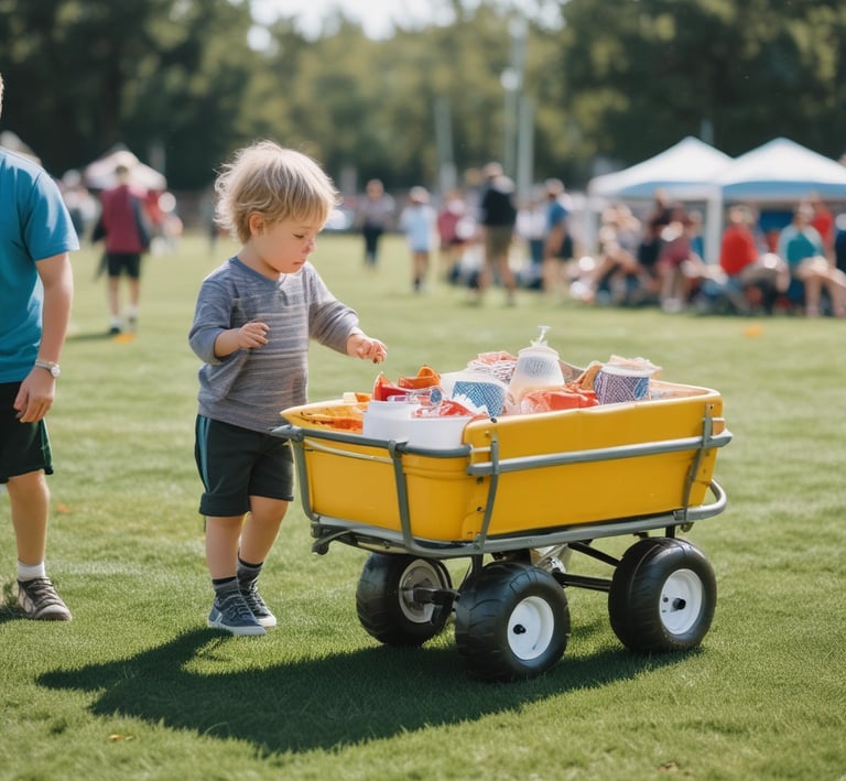 A comfortable folding chair with a built-in shade canopy set up on the sidelines.