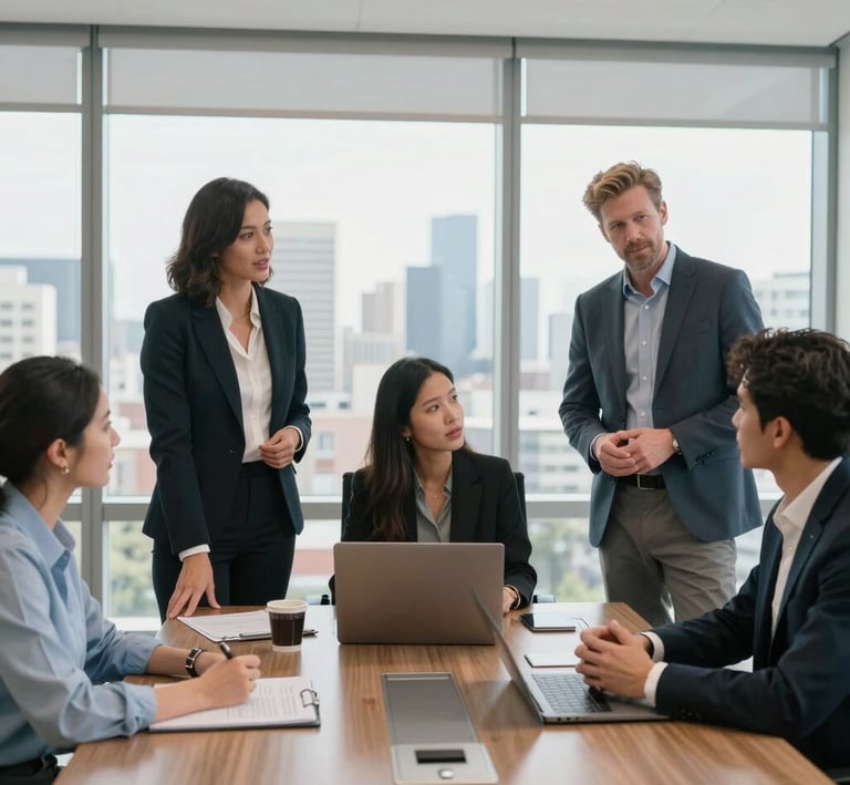 Diverse business professionals in a corporate office meeting room discussing strategy with a city skyline background.