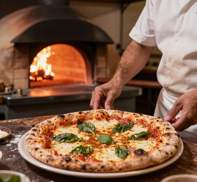 Close-up of a golden crust pizza topped with melted mozzarella, fresh basil, and ripe tomatoes steaming on a rustic wooden board.