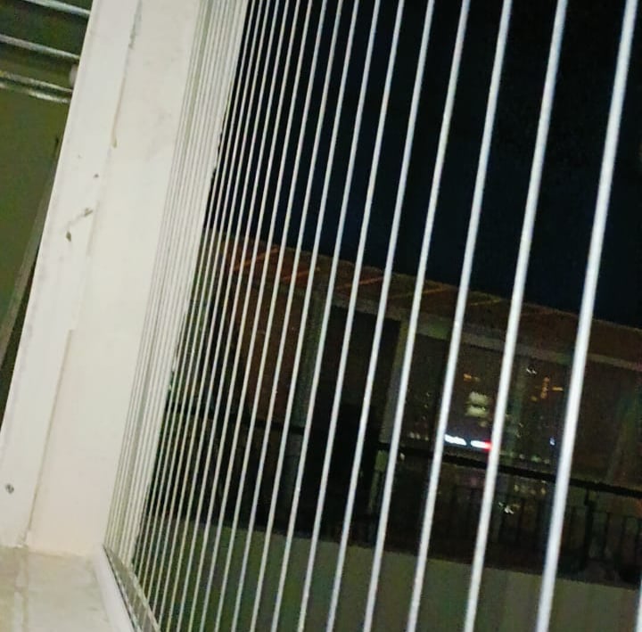 Close-up view of a freshly installed clear invisible grill on a balcony in Bengaluru.