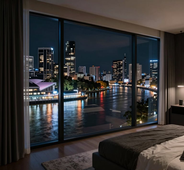 Nighttime cityscape of the Gold Coast skyline sparkling against a deep navy sky.