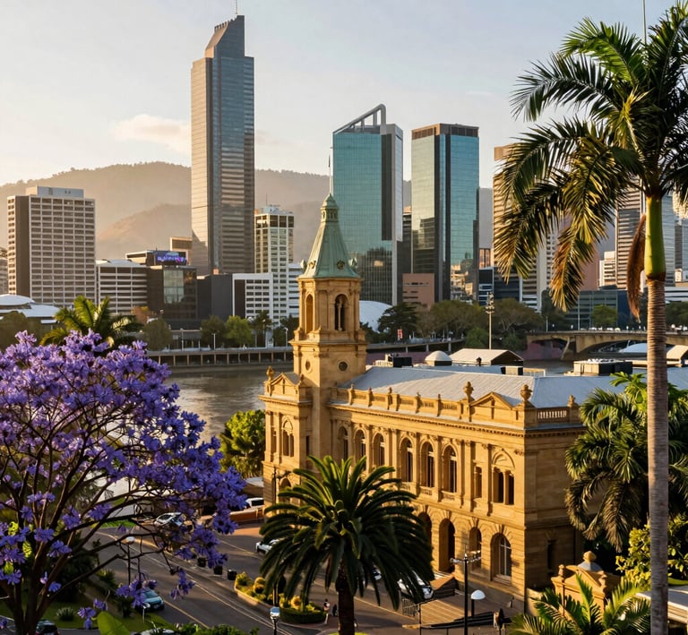 A stunning aerial view of a Gold Coast waterfront apartment complex bathed in golden sunset light.
