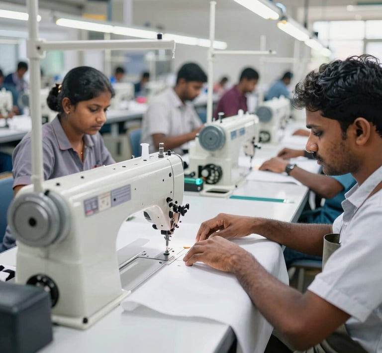 A team member inspecting finished garments with precision in the quality control lab, surrounded by testing equipment.