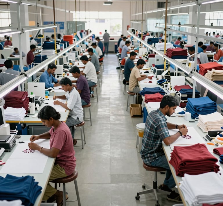 Stacks of freshly dyed jersey knitwear in vibrant colors drying under eco-friendly machines.