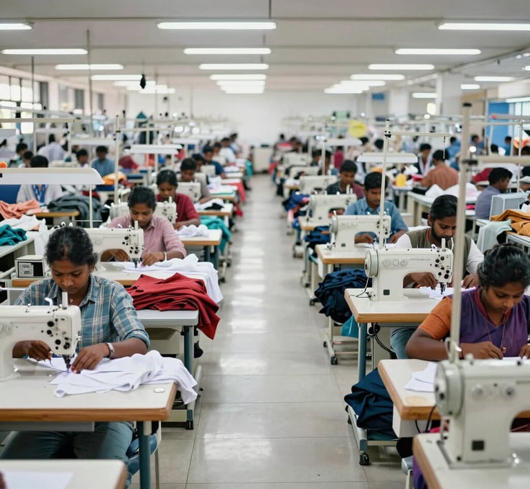 A wide-angle shot of Yokes Clothing Company's spacious production floor with rows of advanced knitting machines humming in sync.