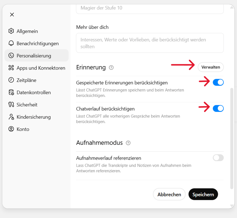 Screenshot der ChatGPT-Personalisierung: Rote Pfeile zeigen auf die Speicher- und Verwalten-Optionen