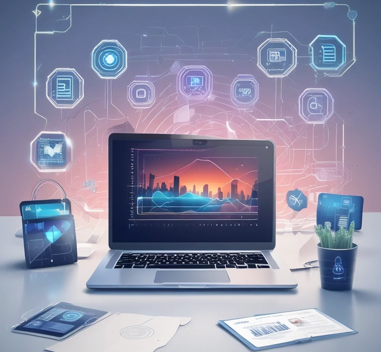 Digital laptop display with glowing futuristic interface and data analytics visualization icons.