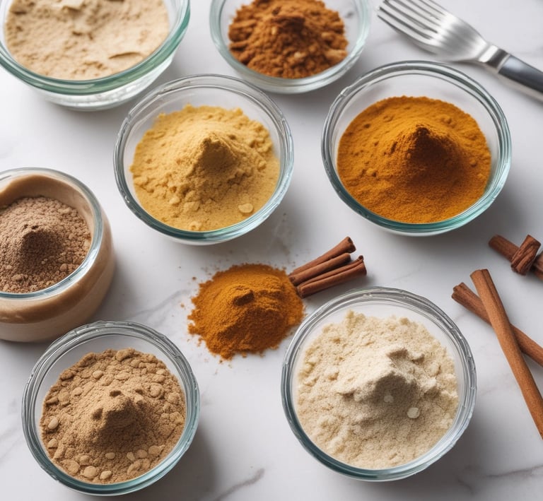 A colorful array of measuring spoons filled with various baking ingredients like sugar, cocoa, and spices.