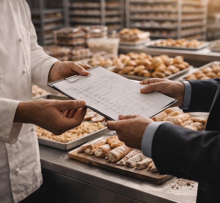 Professional pastry chef and manager reviewing a bakery inventory checklist in a commercial kitchen.