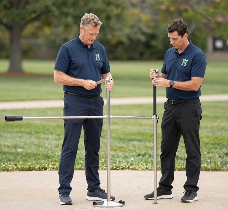 Two men in navy blue shirts setting up professional metal equipment outdoors for field testing.