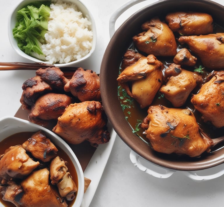 Close-up of freshly cooked adobo with tender meat and rich sauce, steaming on a traditional plate.