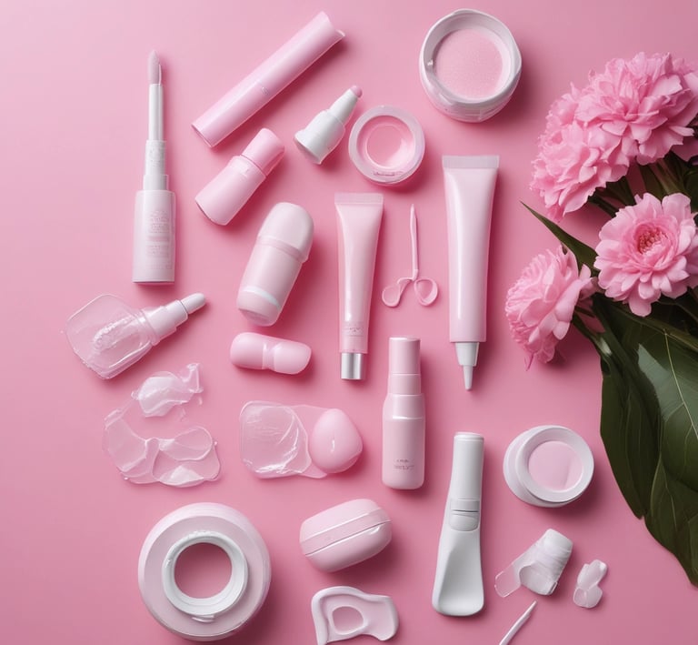 Close-up of a sleek pink facial cleansing brush glowing softly on a marble countertop.