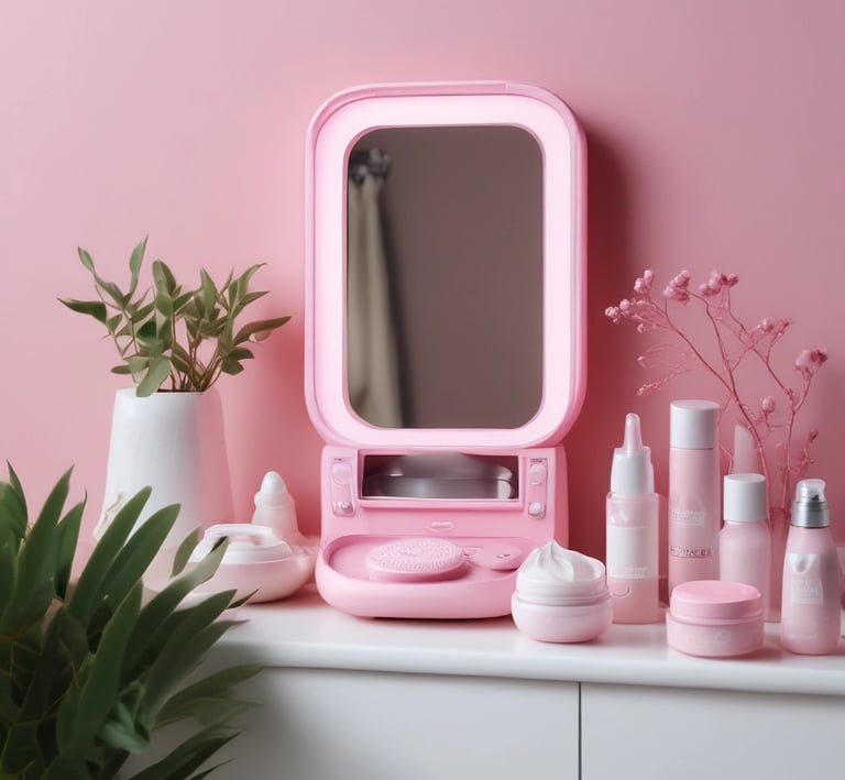 Elegant handheld LED light therapy device resting on a soft pink silk cloth.