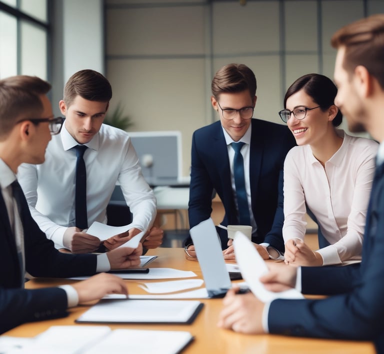 Overhead shot of an audit team reviewing detailed engineering blueprints around a conference table.
