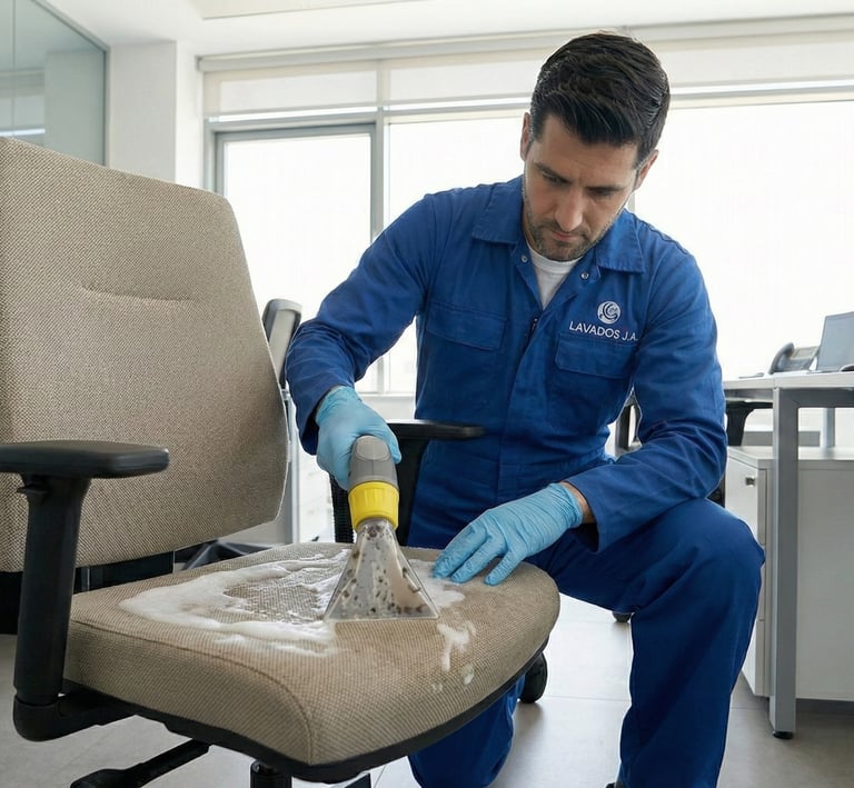 Técnico lavando silla de oficina en Ibagué con máquina profesional