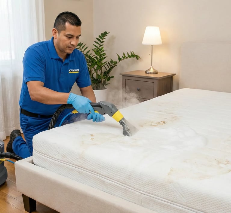 Tenico lavando y desinfectando colchon en Ibague