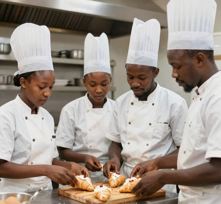 A lively group photo of smiling students holding their crepe creations, showcasing pride and camaraderie.