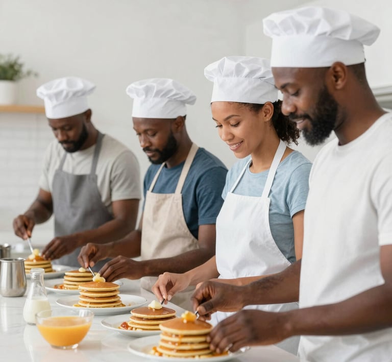 A vibrant classroom where students attentively practice making traditional African crepes under the guidance of a skilled instructor.