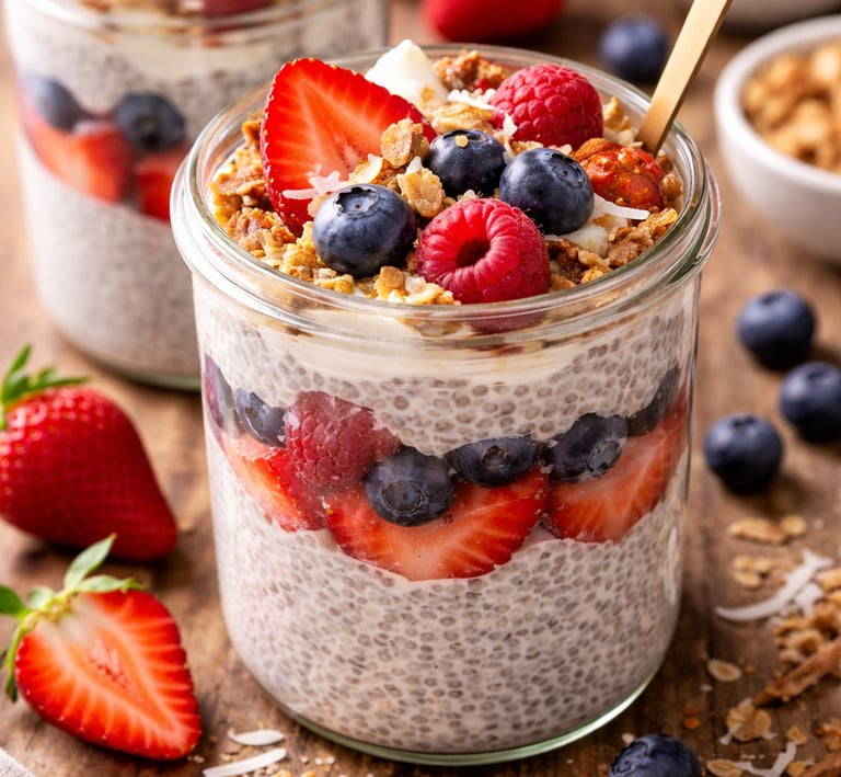 Layered chia seed pudding in a glass jar topped with fresh strawberries, blueberries, raspberries, and granola.