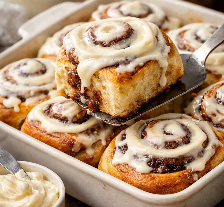 Freshly baked homemade cinnamon rolls with cream cheese frosting being lifted from a baking dish.