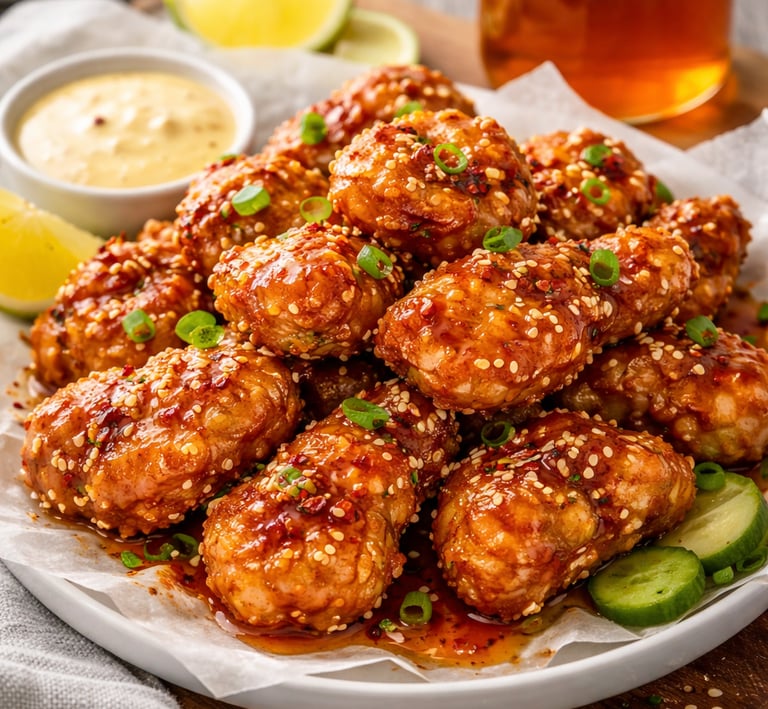 Crispy honey garlic chicken wings garnished with sesame seeds and green onions on a platter.