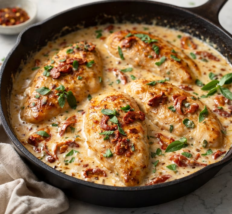 Creamy Tuscan chicken skillet with sun-dried tomatoes and fresh basil in a cast iron pan.