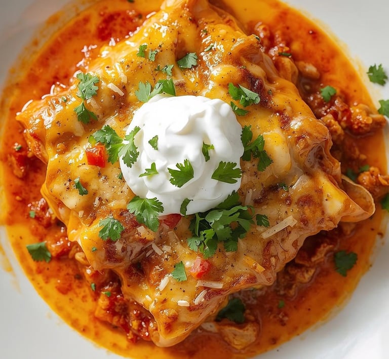 Cheesy baked chicken enchiladas topped with sour cream and fresh cilantro in a red sauce.