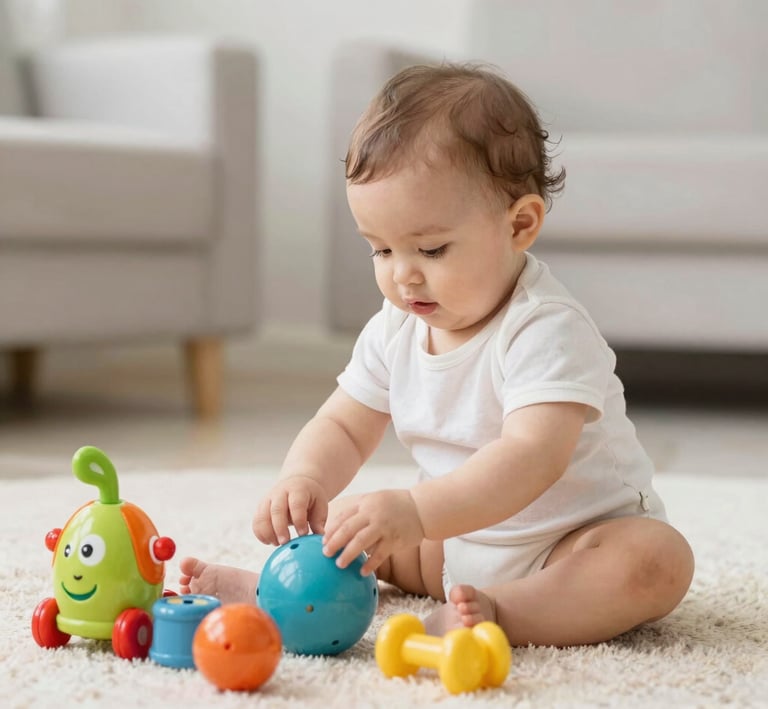 A joyful baby giggling while reaching out to colorful toys in a cozy nursery.